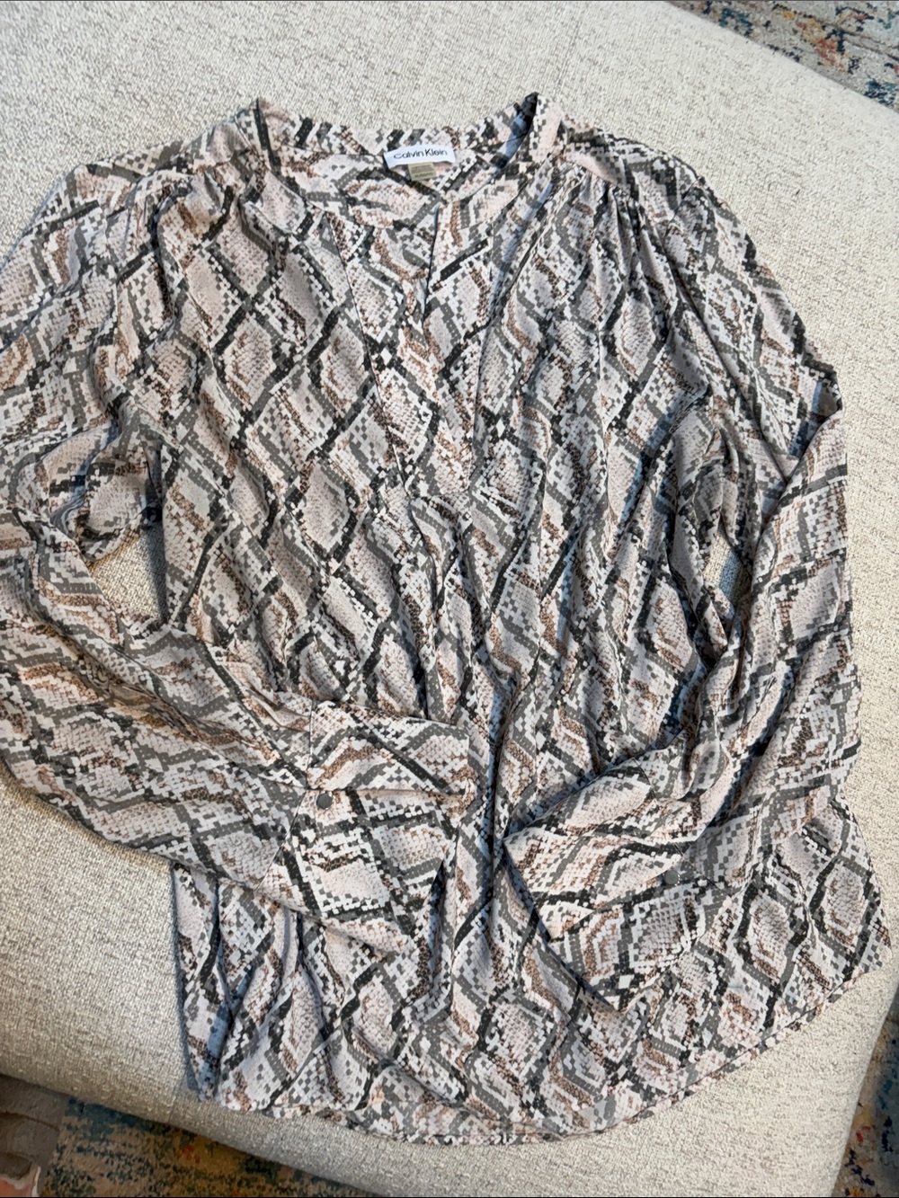 Calvin Klein Snake-Print V-Neck Blouse in Beige and Gray